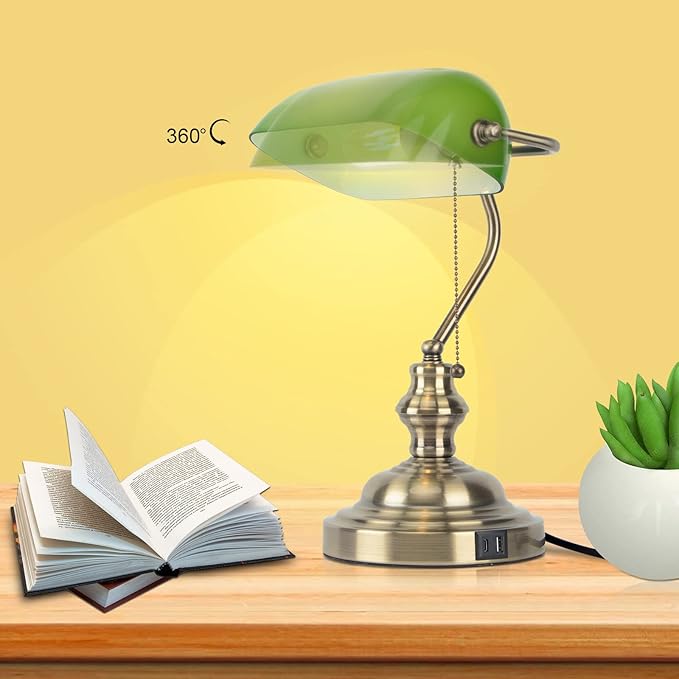 Green Bankers Lamp with Pull Switch, Retro Desk Lamp with USB & Type C Charging Ports, Antique Library Lamp for Home Office, Library, Study Room