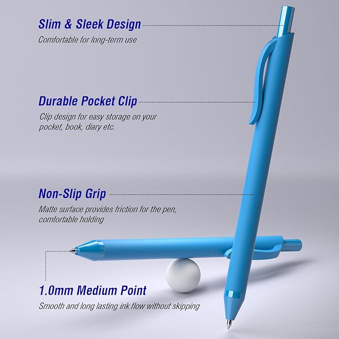 50 Pack Blue Ink Pens - Bulk Pens, 1.0MM Medium Point Ballpoint Pens, Smooth Writing No Bleed Retractable Ball Point Pen (Blue)