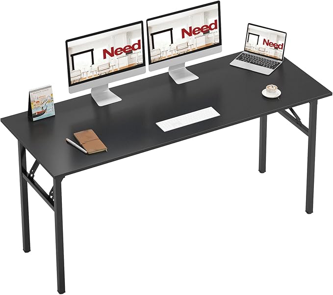 Need Home Office Desk - 62 Inches Large Computer Desk Sturdy Black Table Foldable Desk Gaming Computer Table No Assembly Required AC5CB 62inch