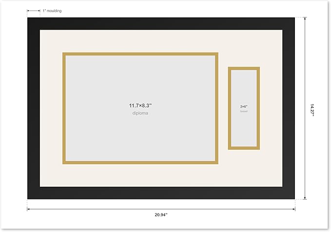 CountryArtHouse Diploma and Tassel Frame Fits 11.69 x 8.27 A4 Certificate with Tassel Hoo Executive Brown Genuine Hardwood Shadowbox with Black Over Metallic Gold Double mat