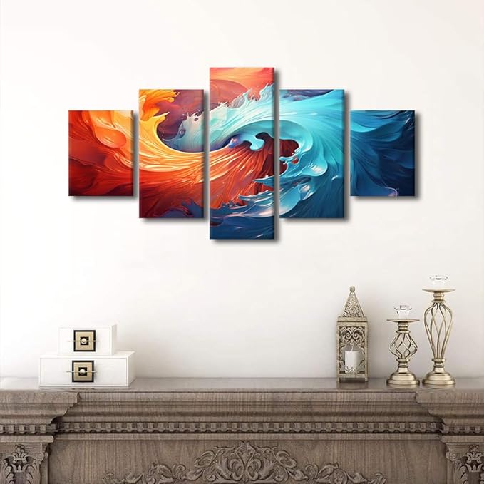 Modern Canvas Wall Art 5 Panel Water and Fire Poster Prints Native Americans Canvas Art Decor for Living Room Bedroom Office Home Wall Decoration Stretched and Framed Ready to Hang 60x32 in