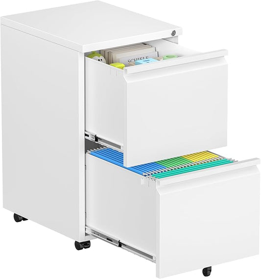 Incbruce 2 Mobile Drawer File Cabinet with Wheels, Metal File Storage Cabinet with Lock, Filing Cabinet Under Desk for Home Office, Easy Assemble (White)