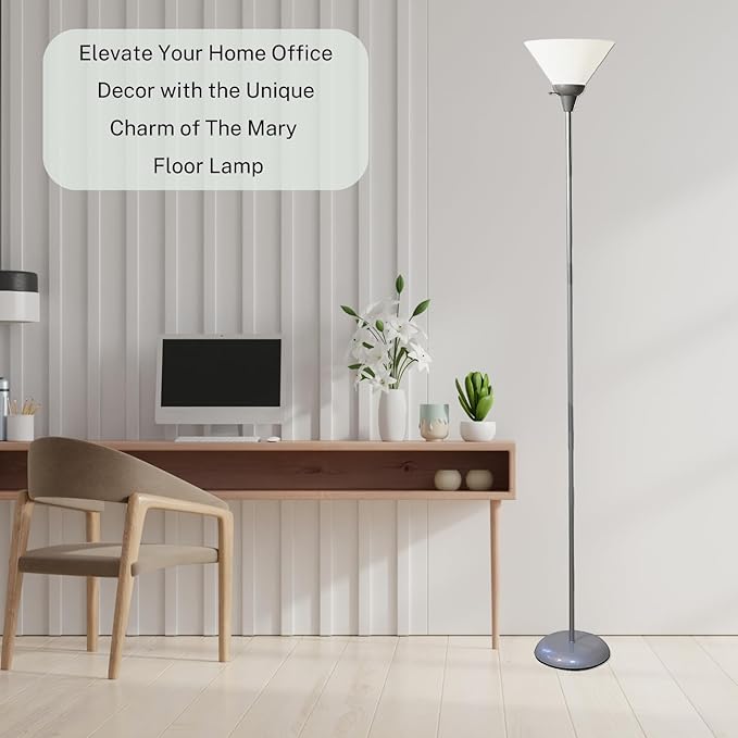 LIGHTACCENTS Mary Torchiere Floor Lamp – Silver Standing Lamp with White Shade and Rotary Switch, Modern Pole Light for Living Room, Bedroom, Office, or Dorm – Slim Minimalist Design