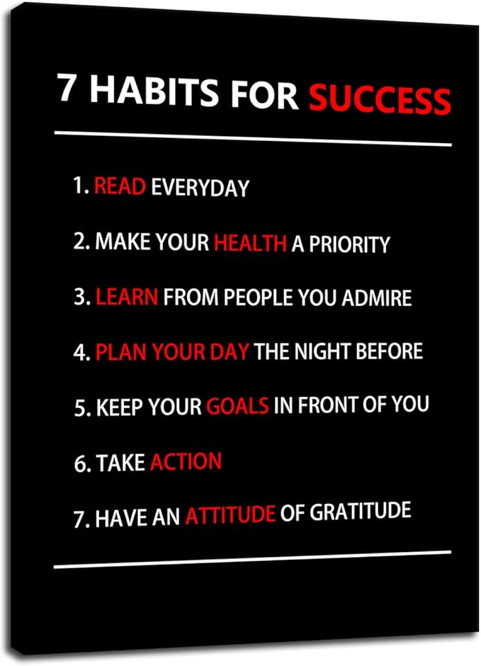 WYJZDZQ8 Motivational Poster 7 Habits For Success Inspirational Canvas Wall Art Painting Prints Artwork Pictures Inspiring Office Decor Living Room Gym Decoration Framed Ready to Hang [18''W X 24''H]