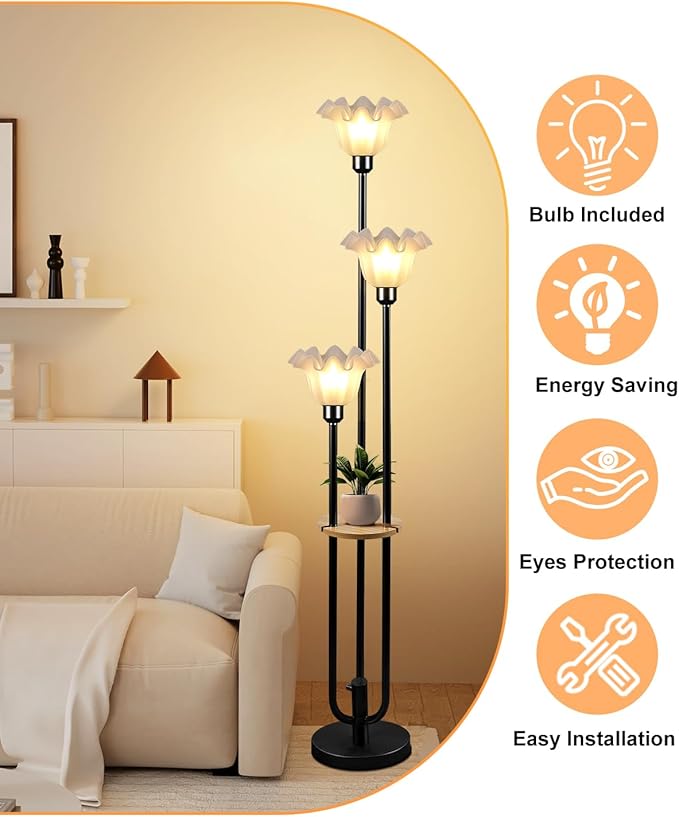Lightdot Flower Floor Lamp for Living Room, Dimmable Vintage Floor Lamp with Shelf& Bulbs Included, 3 Light Warmwhite Mid Century Black Floral Standing Tall Lamp for Bedroom/Sofa Beside/Corner Decor