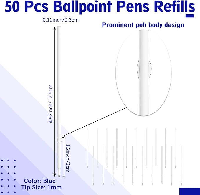 50 Pcs 1mm Retractable Ballpoint Pen Refills Bulk 4.92 Inch Replacement Ballpoint Ink Pen Refills Smooth Writing for Click Ball Point Pens School Office Supplies(Blue,Classic)