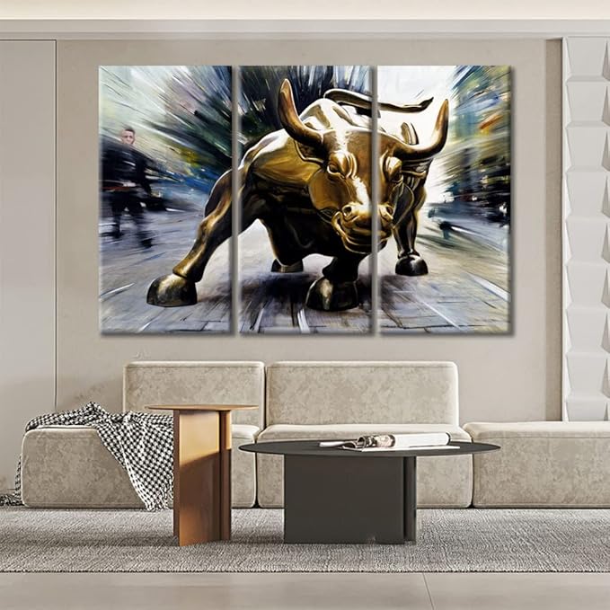 3 Panel Canvas Wall Art Prints Wall Street Bull Painting Artwork for Walls Framed Canvas Printed Modern Artwork Wall Decoration for Living Room Room Bedroom Gallery-Wrapped - 60" Wx40 H