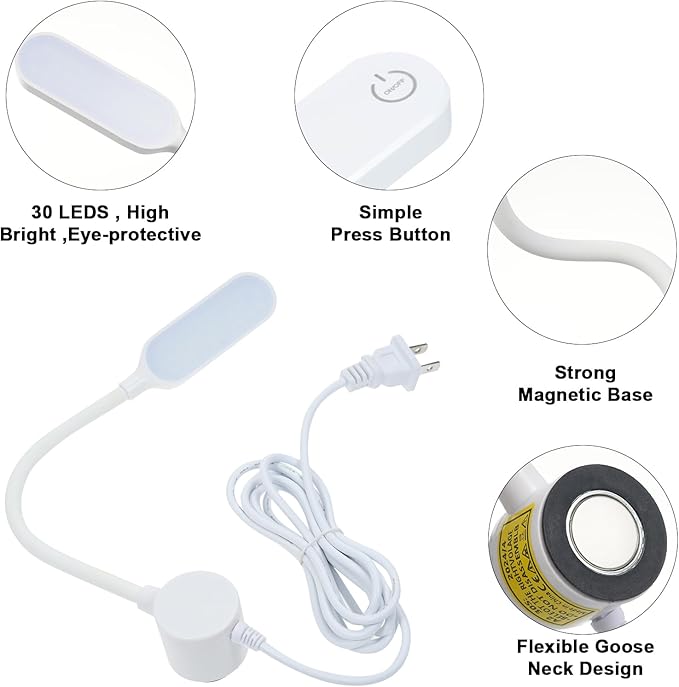 Sewing Machine Lamp Dimmable 30LEDs Light Fixture Touch Control 3 Brightness Levels Magnetic Base Flexible Bendable Tube for Sewing Machine Desks Music Stands Craft Workbenches Lathes Lamps