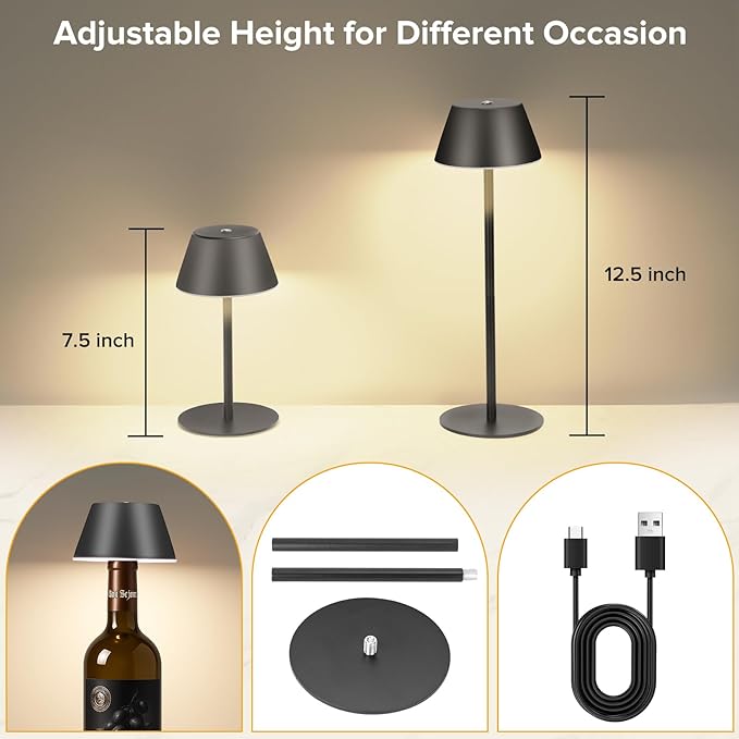 Cordless Table Lamps, LED Rechargeable Battery Operated Lamp with 2 Adjustable Height 3 Colors Stepless Dimming, Touch Control Wireless Desk Lamp for Restaurant,Bars,Coffee Shop (Black Set of 1)