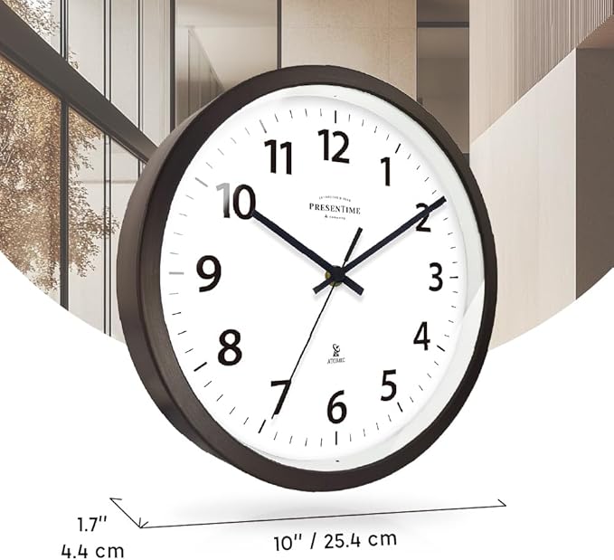 Presentime & Co 10" Atomic Wall Clock, Silent no Ticking, Automatically Sets Itself and Adjust to Daylight Saving Time by WWVB - Oil Rubbed Bronze Finish. (Home Office)