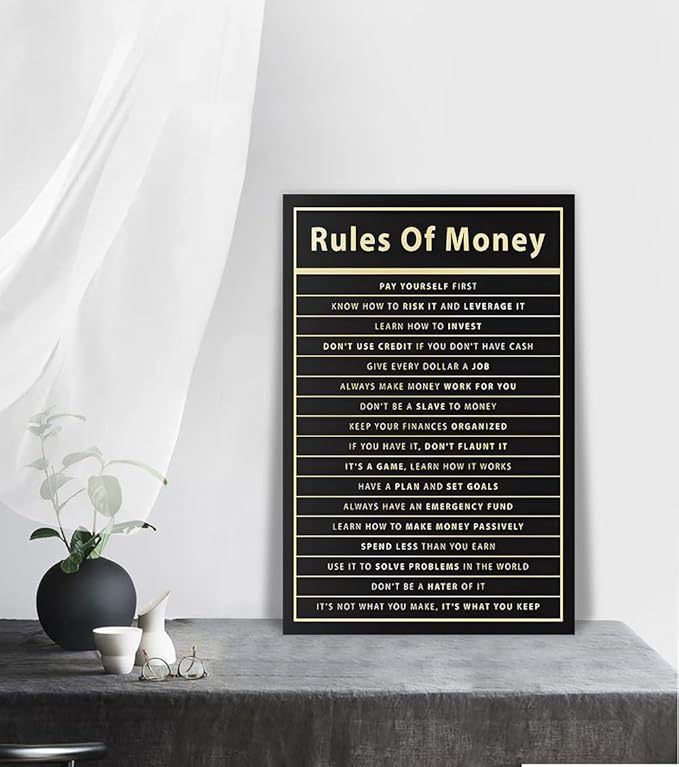 Rules Of Money Motivational Wall Art Canvas Print Office Decor Financial Poster Entrepreneur Millionaire Inspirational Quote Framed Easy to Hang-12 inch x 16 inch
