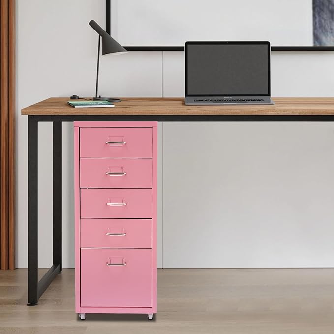 Metal File Storage Cabinet, 5 Drawer Vertical Filing Cabinets with Wheels Under Desk Storage Drawers, 11 * 16.1 * 27.1in Mobile File Cabinets Under Desk Cabinet for Bedroom, Office (Pink)