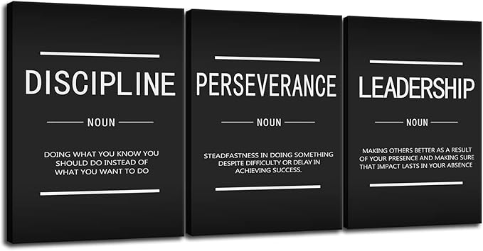 Discipline Perseverance Leadership Noun Inspirational Painting Wall Art 3 Pieces Canvas Print Office Decor Poster Framed Motivational Quotes for Wall Art Office Decoration Ready to Hang[36''Wx 16''H]