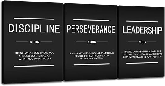 Discipline Perseverance Leadership Noun Inspirational Painting Wall Art 3 Pieces Canvas Print Office Decor Poster Framed Motivational Quotes for Wall Art Office Decoration Ready to Hang[36''Wx 16''H]