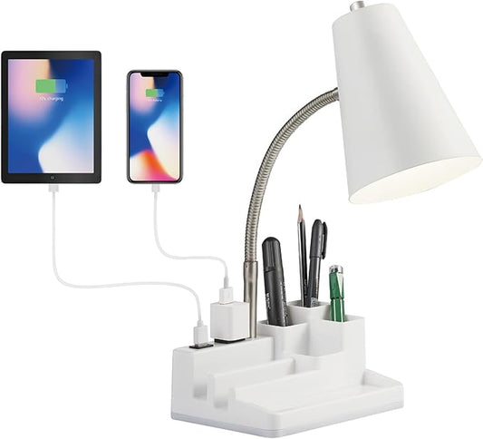 Desk Lamp Cute for Small Space, Lamp Desk with USB Port and Outlet, Desk Lamps for Home Office with Pen Holder, Study lamp for College Dorm Room, Flexible Arm, White