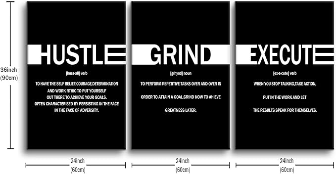 Inspirational Hustle Grind Execute Positive Wall Art Entrepreneur Quotes Print Picture Modern Wooden Canvas Framed Artwork for Home Living Room Office Artwork Stretched and Framed [72''Wx36''H]