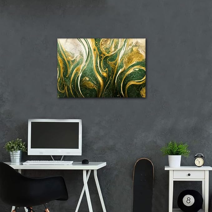 Canvas Wall Art for House 1 Panel Modern Abstract Canvas Artwork Gold and Green Blue Poster Printing for Designers Office Wall Decor Dilettante Living Room Canvas Decor Framed Ready to Hang 24x16 in