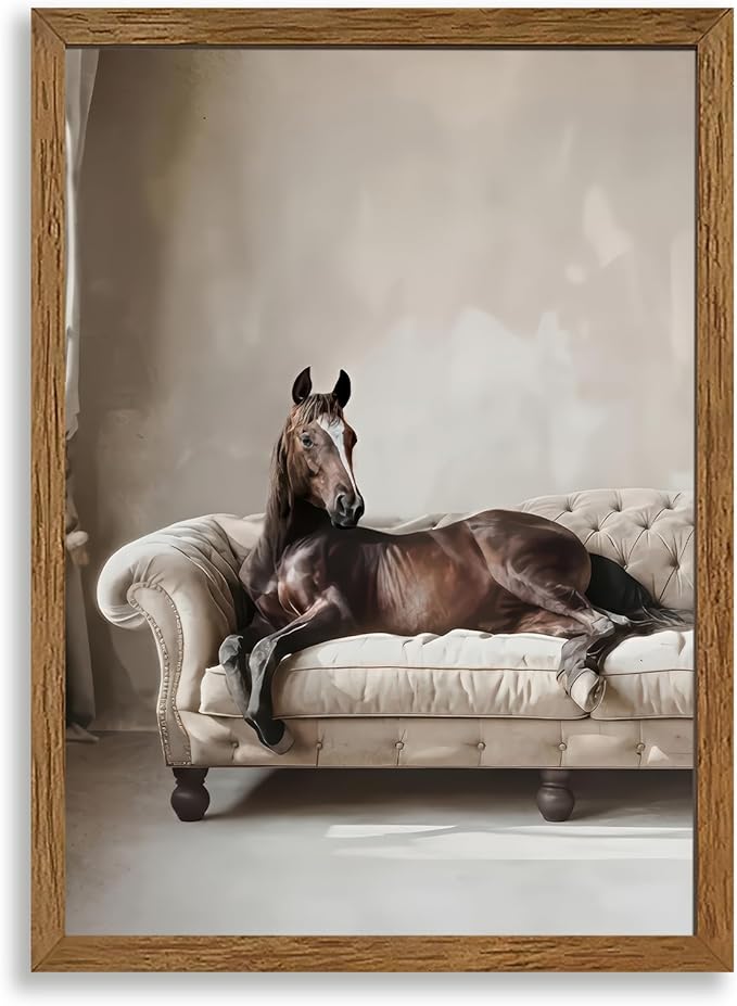 AVECCO Framed Funny Elegant Vintage Canvas Horse Wall Art, Western Brown Horse on Sofa Pictures Wall Decor, Unique Animal Art Prints for Bathroom Bedroom Living Room Office Home Decoration 16x24 Inch