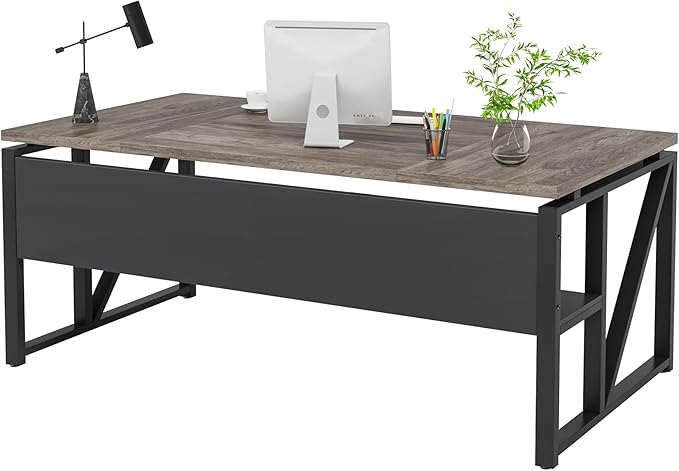 Tribesigns 63 inches Computer Desk with Bottom Storage Shelf Home Office Desk Writing Table for Workstation,Dark Walnut + Steel Leg， Cabinet not Included (Grey, 63-inch-with Shelf)