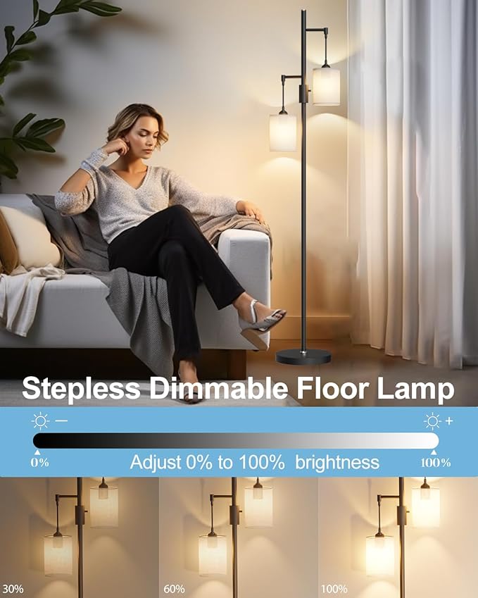 Lightdot 65IN Black Floor Lamp for Living Room, Industrial 2-Light Tree Floor Lamps with Linen Shade, Mid Century Modern Standing Tall Lamp for Bedroom/Sofa Beside/Corner Decor-Black(Bulb Included)