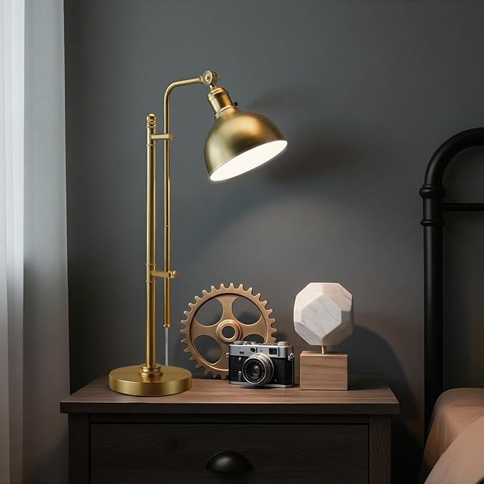 PARTPHONER Industrial Adjustable Desk Lamp for Home Office, Farmhouse Table lamp 29''-38'', Rustic Metal Task Desk Lamp in Brushed Gold Finish, Vintage Reading Lamp for Study Room，Gold