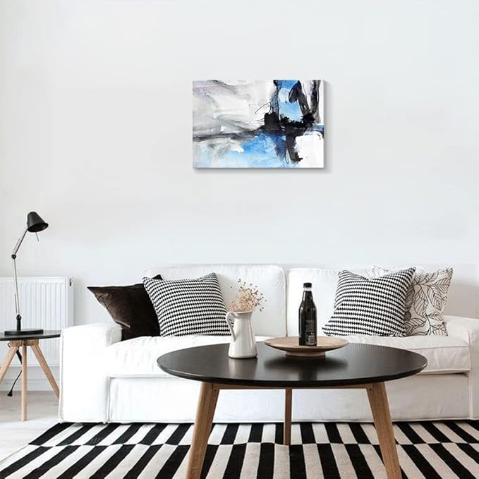 Large Abstract Canvas Wall Art Modern Aquarelle Art Paintings Black and Blue Fantasy Colorful Graffiti on White Background Minimalist Artwork Decor for Living Room Bedroom Corridor Framed 24x16in