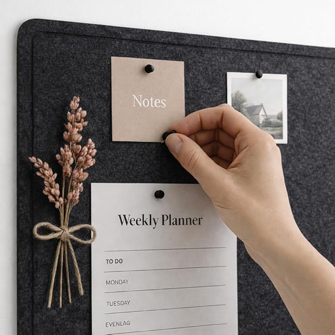 Orelle Felt Bulletin Board | 23 x 15” | Foldable Peel and Stick Felt Board for Wall | Alternative Cork Board for Office, Message Board, Kids Art Display | Charcoal