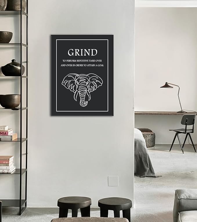 Grind Canvas Wall Art - Inspirational Quote Print with Elephant Illustration, Repetitive Efforts for Success Poster Black and White Motivational Wall Decor for Office Gym Home, Framed 18"x24"