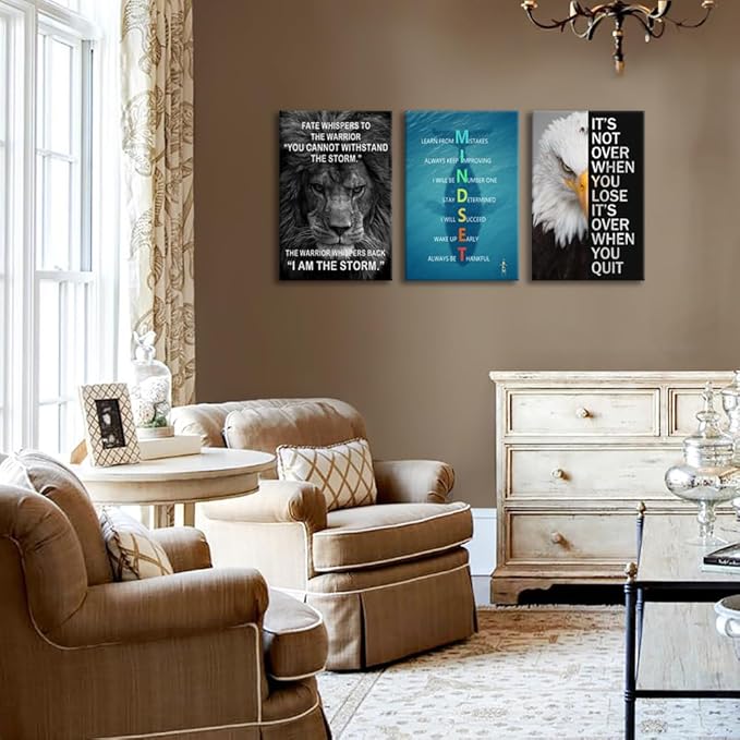 Inspirational Wall Art Office Quotes Mindset Theme Wall Decor for Eagle Lion Animal 3 Pieces Motivational Canvas Prints Framed Wall Art for Living Room Gym Inspiring Home Decor Framed[48''Wx 24''H]
