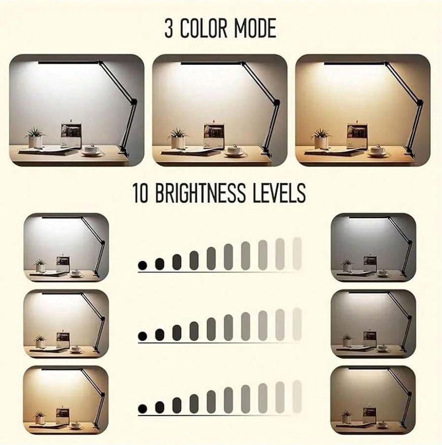 Dimmable LED Desk Lamp with Swing Arm and Clip, USB Powered Eye-Care Light with Memory Function, Adjustable for Office, Dorm, Studio, or Reading
