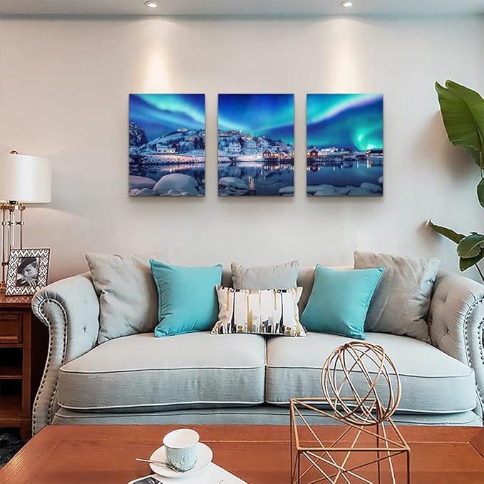Aurora Landscape Canvas Wall Art - 3 Piece Stretched & Framed Wall Paintings Ready To Hang For Living Room, Bedroom & Office