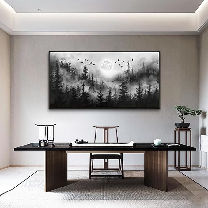 hyidecorart Forest Tree Painting for Living Room Landscape Wall Art Canvas Prints Natural Scenery Black and White Pictures Home Decor Bedroom Kitchen Office Large Wall Decor Black Framed Artwork