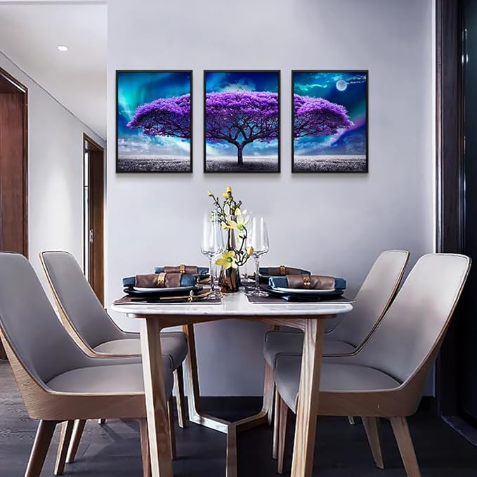 Lapremoly Black Framed Wall Art For Living Room Large Size Decor Bedroom Pictures Aurora Purple Tree Scenery Painting Office Modern Home Decorations Set Of 3 Piece Prints