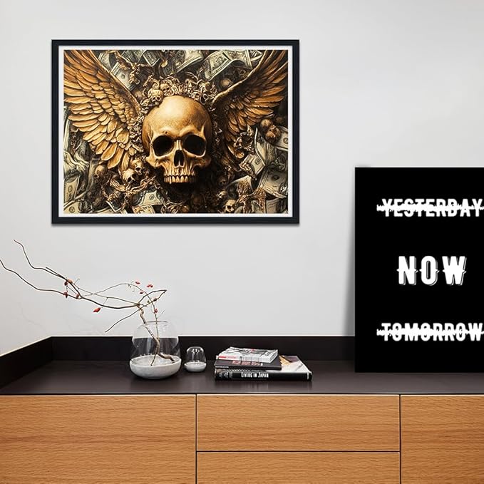 Large Money Wall Art Golden Wings Skull and Dollar Bills Posters Wall Decor Gothic Canvas Print Artwork for Living Room Bedroom Dark Fantasy Themed Decoration 28x44inch