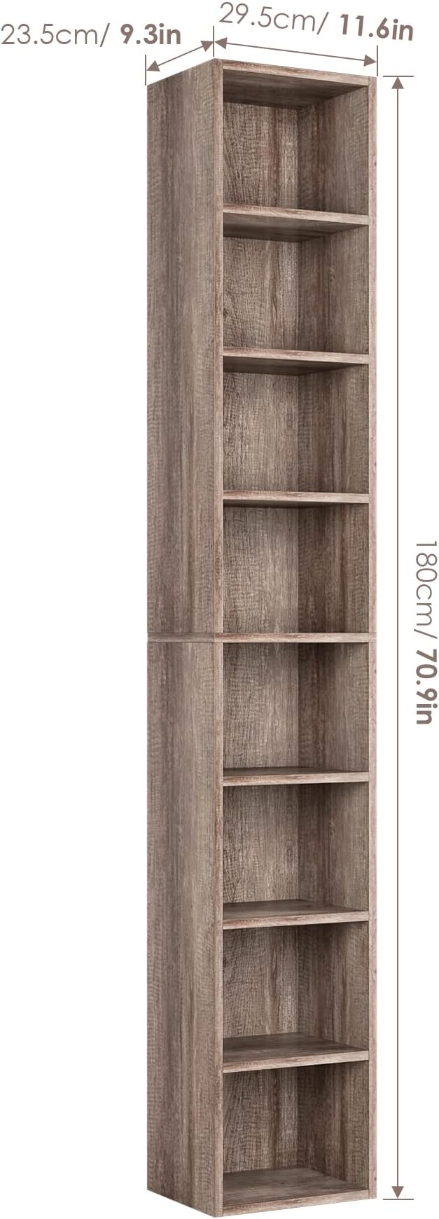 FOTOSOK 2 Pcs 71'' Tall Narrow Bookshelf, 8-Tier Media Tower Rack Set of 2, CD DVD Storage Cabinet with Adjustable Shelves, Tall Narrow Bookcase Skinny Display Bookshelf Slim Shelf, Oak