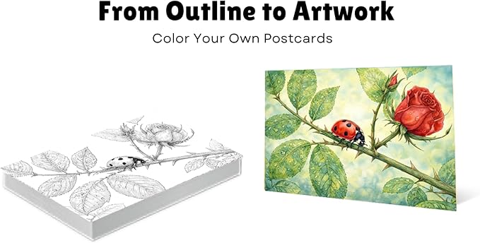 Artwink Watercolor Coloring Cards – 15 Sheets (5x7 Inches), Great for Coloring Book Lovers & Watercolor Painting Practicee (Cat/Dog/Bird/Landscape Illustrations) (Flower with Insect)