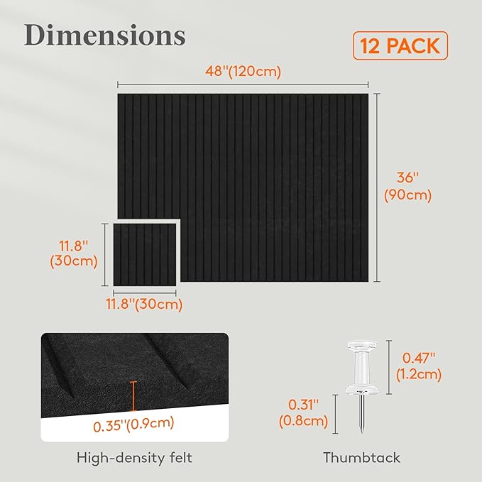 Lifewit Felt Slatted Bulletin Board with Self-Adhesive, 48"x 36"-12 Pack Cork Board Alternative, Pin Board Vision Board Message Board with 50 Pushpins for Office Decor, Room Decor, Black