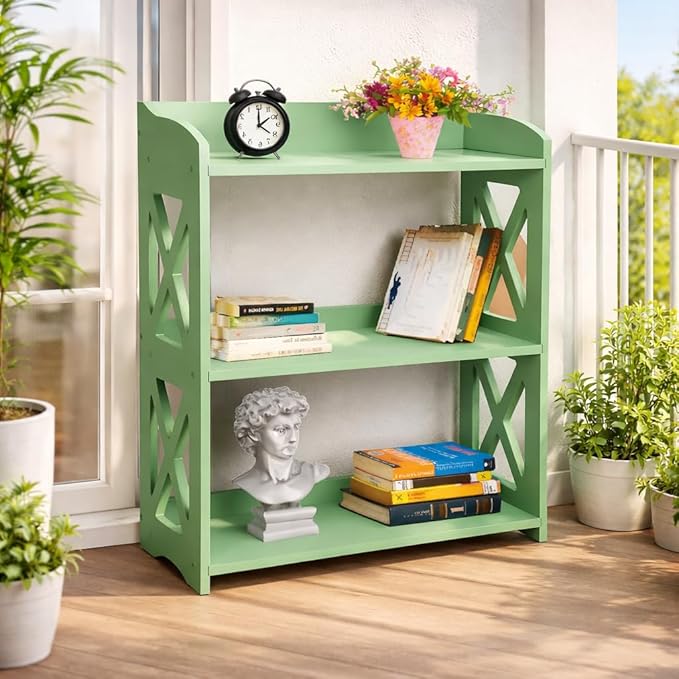 Green Bookcase by Natural Wood, 3 Tier Bookshelf, Small Book Shelves Freestanding Display Storage Shelves. Open Bookshelf for Bedroom, Living Room and Office (Green, 3 Tier)
