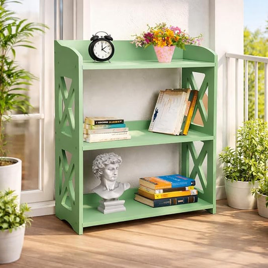 Green Bookcase by Natural Wood, 3 Tier Bookshelf, Small Book Shelves Freestanding Display Storage Shelves. Open Bookshelf for Bedroom, Living Room and Office (Green, 3 Tier)