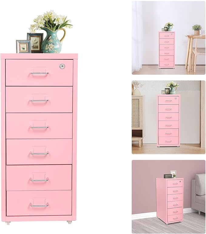 6 Drawer Vertical File Cabinet with Lock, Metal Movable Office Storage Cabinet, Under-Desk File Cabinet with Wheels, for Home Office Use (Pink)