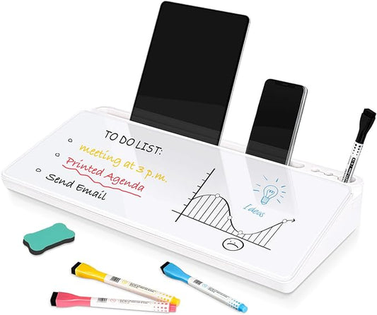 DOLLAR BOSS Glass Desk Whiteboard Small Dry Erase Board Desktop White Board with Storage Drawer Computer Keyboard Stand Desk Organizer Office Accessories Back to School Supplies with 4 Markers, White