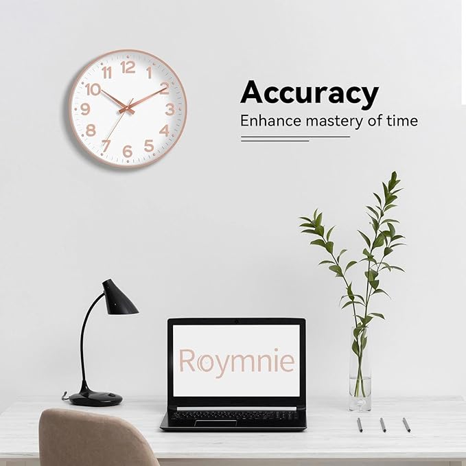 Wall Clock 12 Inch Silent Wall Clocks Battery Operated- Modern Non Ticking Analog Clock Decorative for Living Room Bedroom Office Kitchen(White Rose Gold)