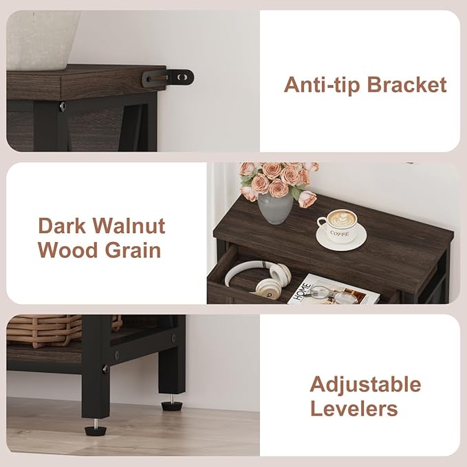 FATORRI Small Bookcase with Drawer, Industrial 3 Shelf Bookshelf, Wood and Metal Book Shelf, Short Book Shelves and Low Book case for Small Space (Dark Walnut)