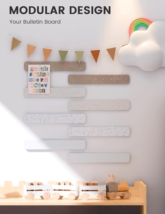 Cork Board Alternative Felt Strip Board 8-Pack 13"x2", Office Pin Board with 50 Push Pins, Adhesive Install for Bedroom Door & Home Office(Stone Beige)