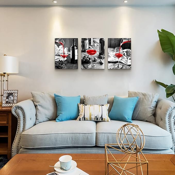 Canvas Wall Art For Kitchen Wall Decor For Dining Room Black And White Wine Glasses Painting Modern Red Wine Canvas Art Prints Ready To Wall Pictures For Restaurant Home Decorations 16"X24" 3 Pieces