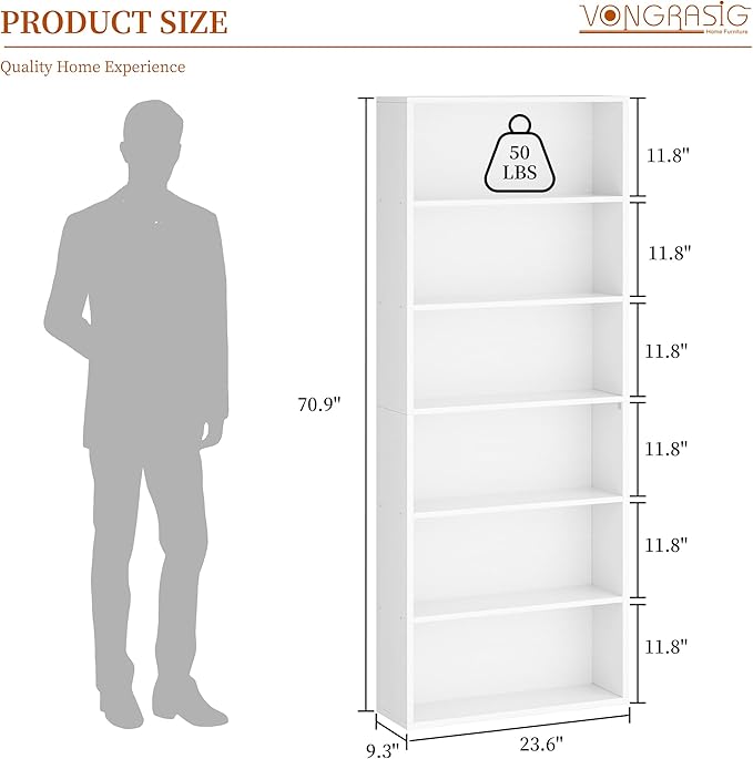 Vongrasig 6-Tier Open Bookcase and Bookshelf, Floor Standing Wood Display Storage Shelves 71 Inch Tall Bookcase Home Decor Furniture for Home Office, Living Room, Bed Room, White