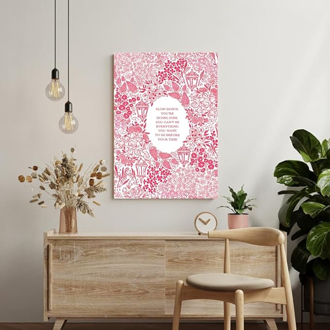 Balsuka Slow Down You're Doing Fine Music Posters Motivational Quote Pink Wall Art Vintage Floral Positive Daily Reminder Song Lyrics Canvas Print Aesthetic Office Home Decor 8x12inch Unframed