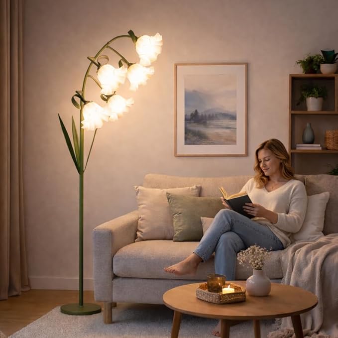 Flower Floor Lamp for Living Room, Arc Floor Lamp with 5 E26 LED Bulbs, Cute Green Floral Standing Lamp with 3 Color Modes, Foot Switch, Tall Modern Lamp for Kids Girls Bedrooms