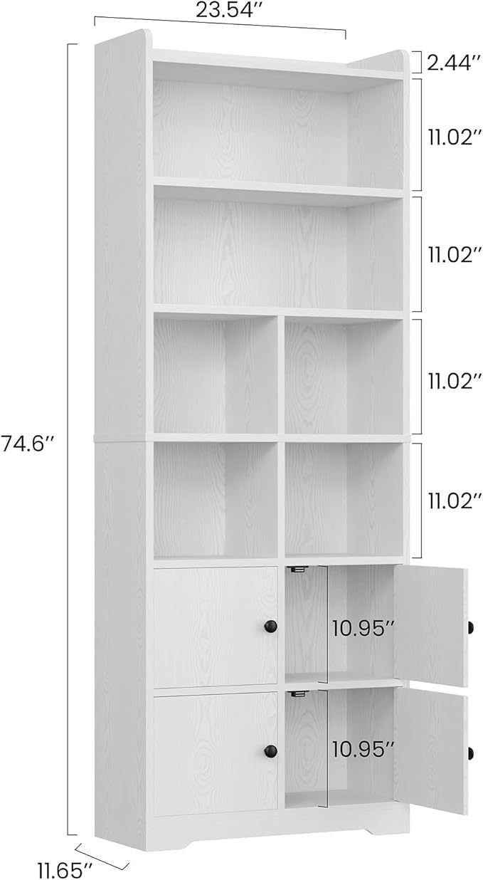 IRONCK Bookshelf with Doors, Book Shelf with Storage Shelves, 74.6 in Tall Bookcase for Home Office, Living Room, Bedroom, White