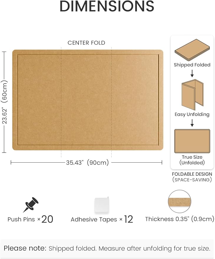 Fluxynara Bulletin Board,35.4" x 23.6" Cork Board Alternative with 12 Safe Removable Adhesive Tabs, Foldable Felt Pin Board for Home Office, Classroom, Bedroom,Entryway for Walls— Mustard Yellow